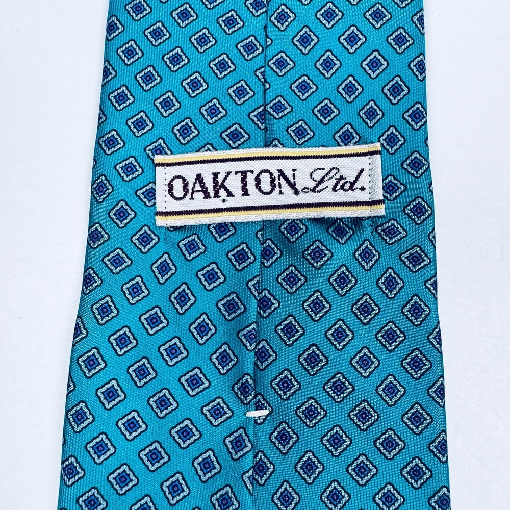 Oakton Ltd Mens Silk Tie Blue Turquoise Geometric Italian Necktie Classic Preppy - Picture 4 of 8